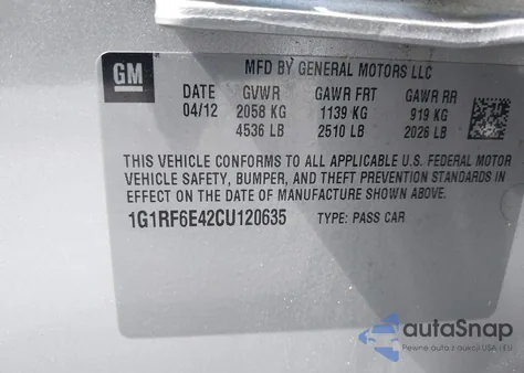 2012 Chevrolet Volt из США, поврежденный, VIN 1G1RF6E42CU120635